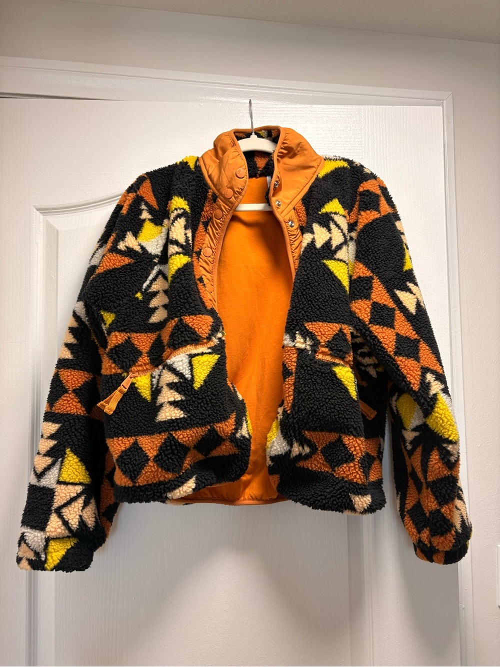 Kids Geometric Sherpa Jacket in Orange and Black